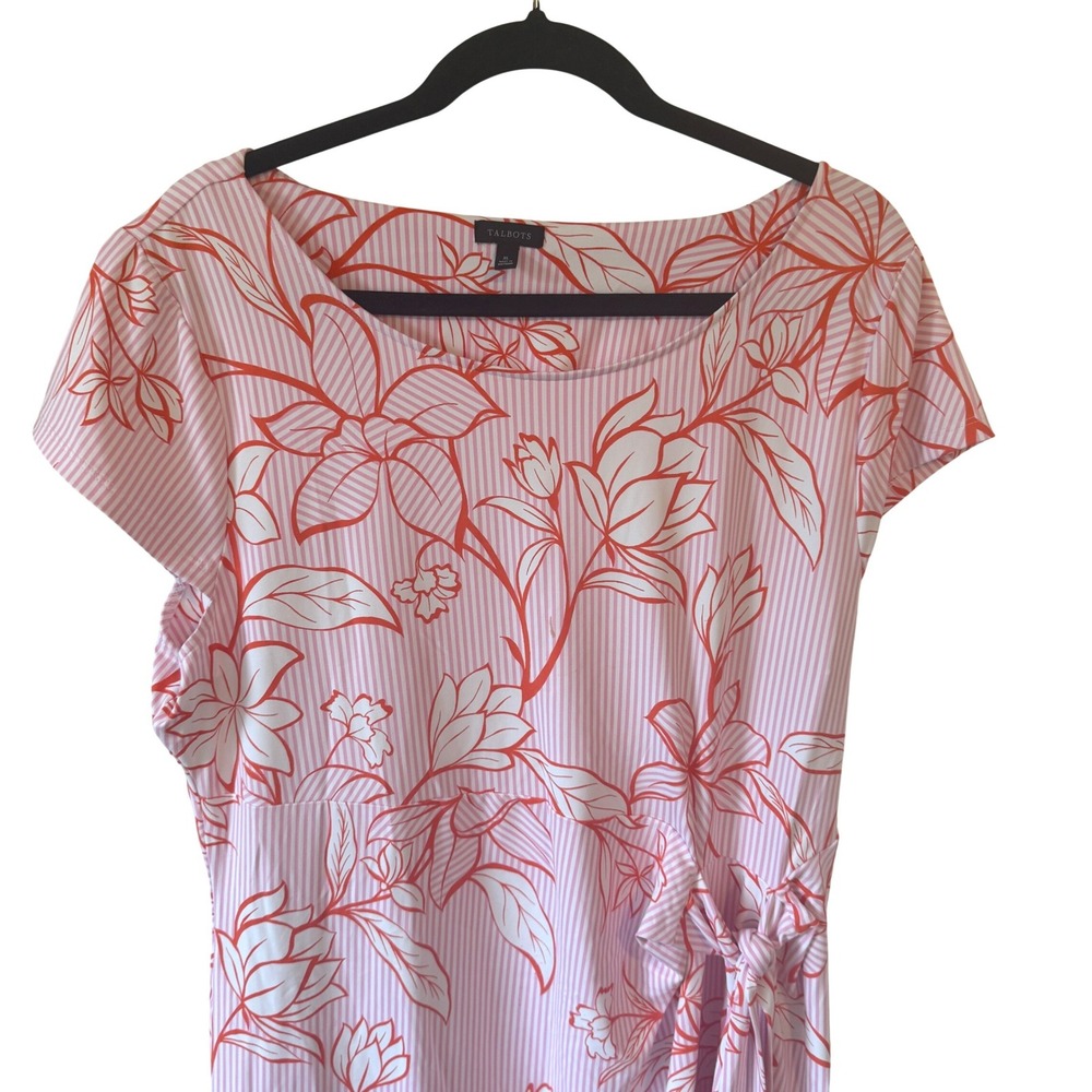 Talbots Womens XL Pink Orange Striped Floral Side Tie Sheath Dress VN5297 - Picture 2 of 4